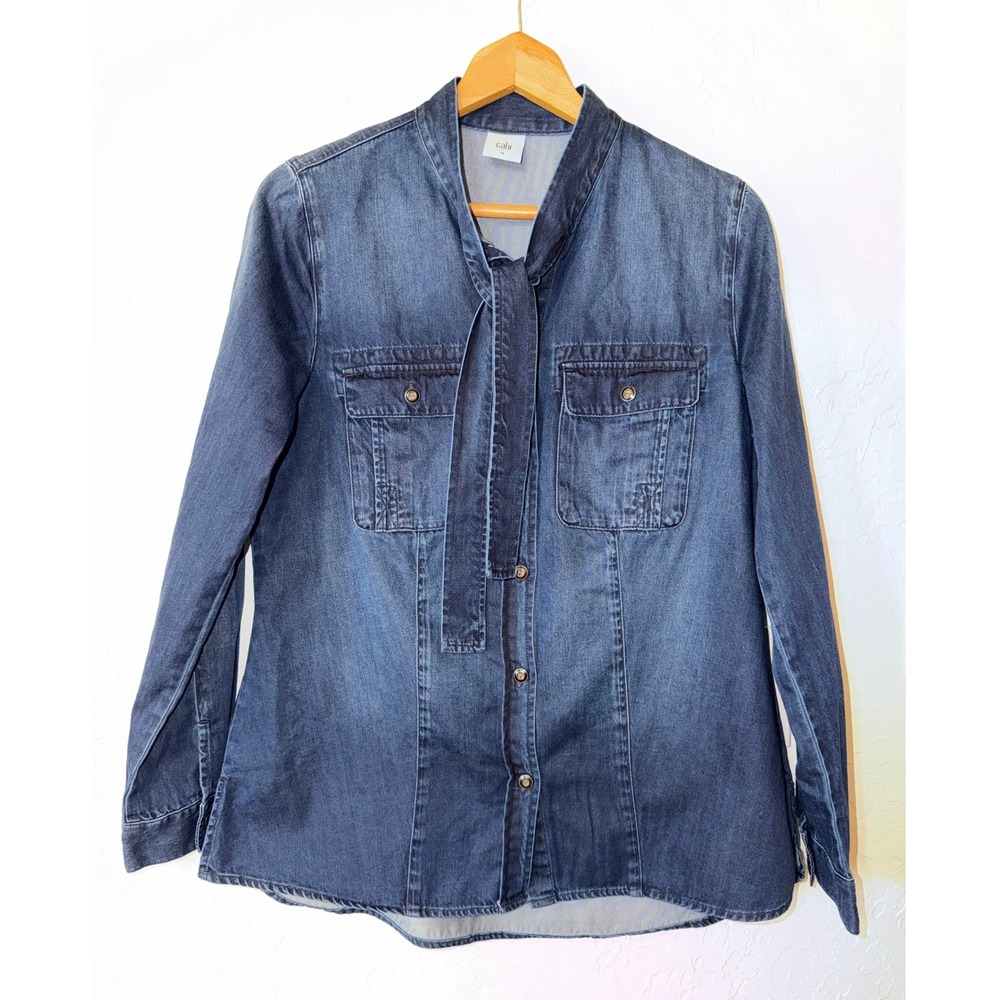 Cabi Waterfront Denim Shirt 3290 Tie Neck Dark Wash Indigo Button Down Top Sz M